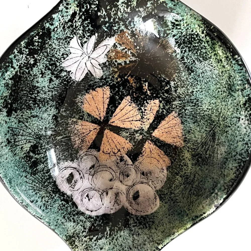 Vintage MCM Sascha Brastoff Black and Green Ceramic Atomic Floral Dish